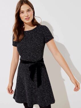 LOFT Black Knit Short-Sleeve Fit-and-Flare Dress with Velvet Waist Tie